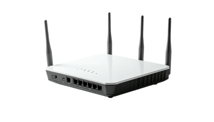 A sleek, white, square-shaped Wi-Fi router with four external antennas, multiple ports, and a glossy top