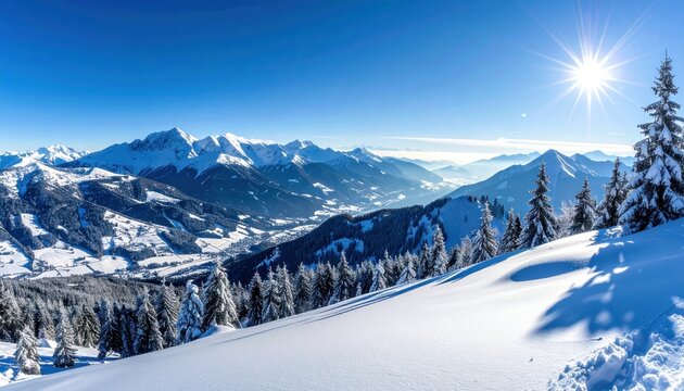 A snowy mountain vista under a clear blue sky with a radiant sun, evergreen trees dusted with snow in the foreground