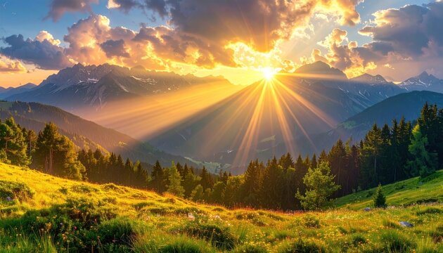 Golden sunset shining over green rolling hills and distant jagged snow-capped mountains, with sunbeams streaming through fluffy clouds - Powered by Adobe