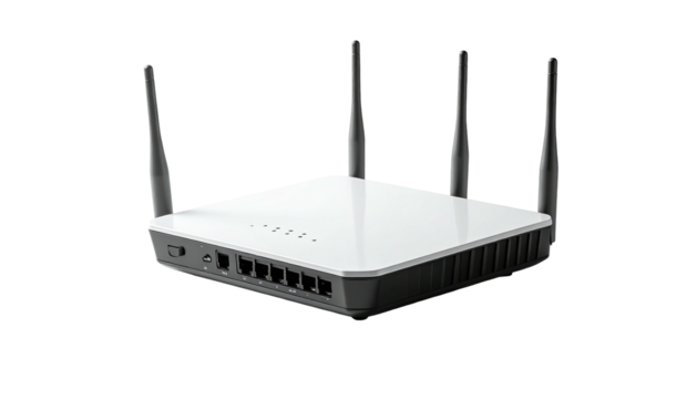 A sleek, white, square-shaped Wi-Fi router with four external antennas, multiple ports, and a glossy top