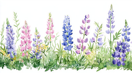 Vibrant watercolor illustration of various wildflowers shades of pink, purple, and blue, set against lush green background, evoking sense