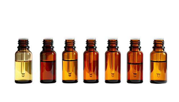 Seven amber glass bottles with droppers, containing varying levels of light and dark yellow-brown liquids, arranged in a row against a black background