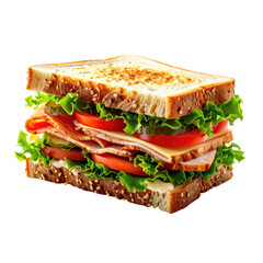 A toasted multi-decker sandwich filled with sliced turkey, tomato, lettuce, pickles, and mayonnaise