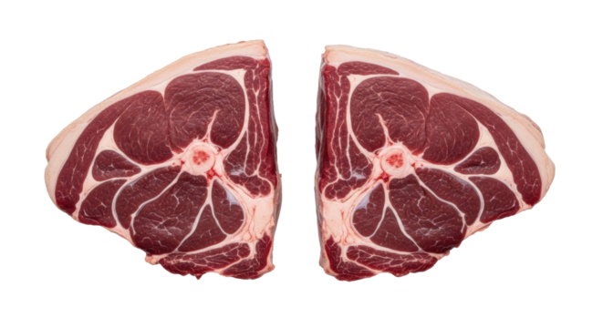 Two substantial raw cuts of venison, deep red muscle with sinew, on a seamless transparent background, soft diffused lighting, slight overhead shot, concept of elemental sustenance