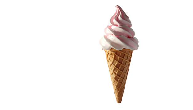 A single soft-serve ice cream cone, pale pink and white swirl, in a crisp waffle cone, isolated on black - Powered by Adobe