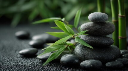 Fototapeta premium Tranquil Zen Garden with Balanced Stones and Green Bamboo Leaves