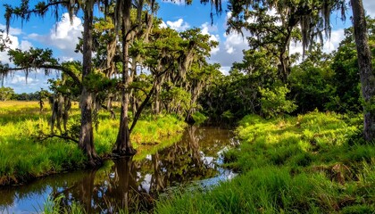 Scenic Louisiana Bayou Landscape with Lush Vegetation and Calm Water.