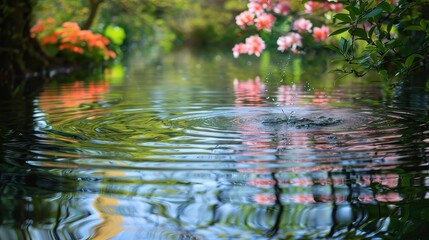 Naklejka premium Water droplets create ripples on a pond reflecting colorful spring flowers