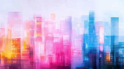 Vibrant abstract cityscape featuring blend of pink, blue, and orange hues, creating dynamic and energetic atmosphere