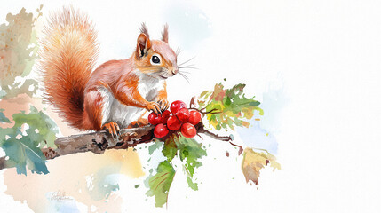 Watercolor illustration of squirrel perched on branch, surrounded by vibrant leaves and red berries, showcasing nature beauty and charm