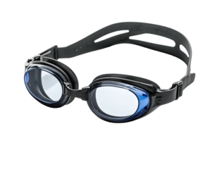 Black and blue swimming goggles with a comfortable, adjustable head strap, designed for clear underwater vision