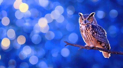 Majestic owl perched on branch, surrounded by dreamy blue bokeh background, evokes sense of wonder and tranquility