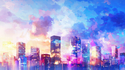 Vibrant city skyline at sunset, showcasing colorful buildings and dramatic sky filled with clouds. scene evokes sense of wonder and beauty