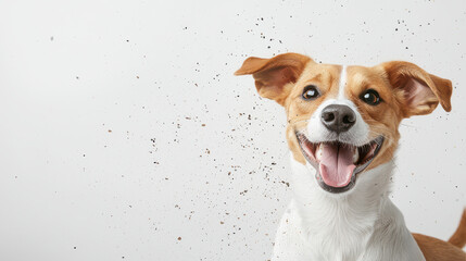 Happy dog with playful expression, surrounded by flying dust particles, showcasing joy and energy in bright setting