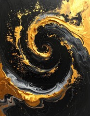 Abstract swirl of black, gold, and gray paint