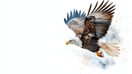Majestic eagle soars through sky, showcasing its powerful wings and sharp talons. watercolor effect adds vibrant touch to this stunning portrait