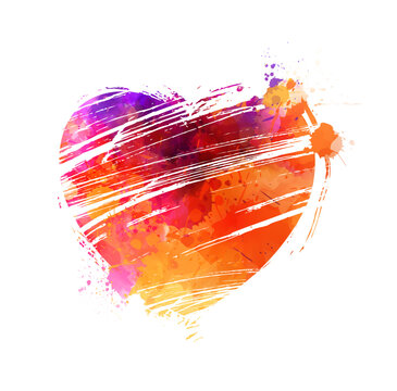Watercolor painted grunge heart with paint splashes