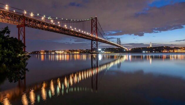 City bridge reflecting in calm water at twilight