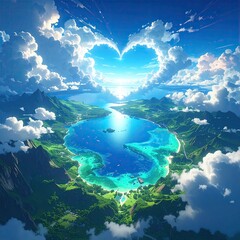 Heart-shaped clouds over a tropical paradise