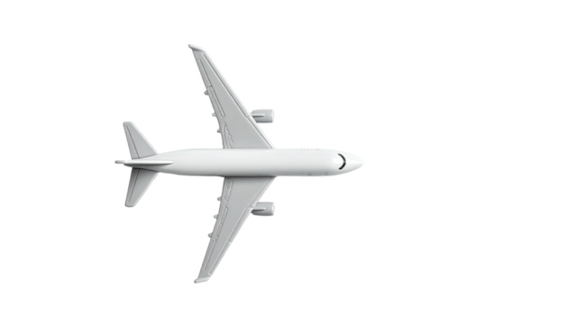 Overhead view of a white passenger jet, isolated on black background; simplistic, clean lines