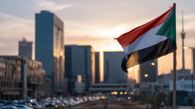 Vibrant sunset view of the Sudanese flag waving against a city skyline, captured in a wide shot with soft golden hour lighting.