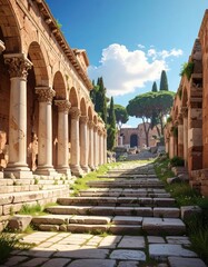 Ancient Roman colonnaded street, sunlight on steps