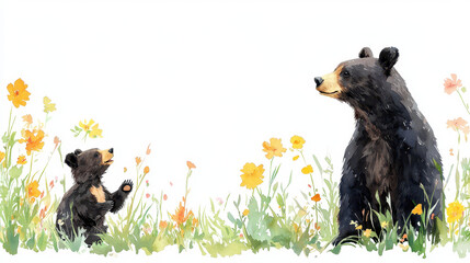 Charming watercolor illustration of mother bear and her cub surrounded by vibrant wildflowers, evoking sense of warmth and nature beauty