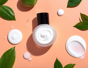 Cream jar and lotion swirls on a peach background with lime and leaves