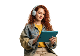 Mid-20s woman with vibrant red curls and pastel headphones interacting with a matte teal rugged tablet on a transparent studio background with soft lighting, concept of digital creativity