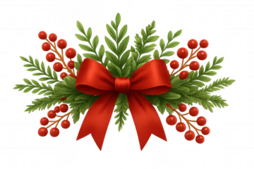 Christmas bow with pine branches and red berries, festive holiday ornament, transparent background