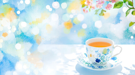 Delicate tea cup with floral design sits on saucer, surrounded by soft watercolor background of blue and pastel colors, evoking tranquility