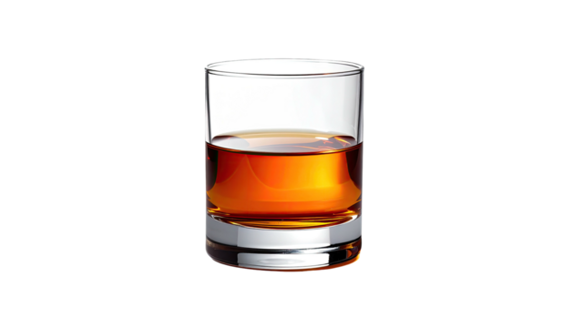 A short, clear glass filled with amber liquid, possibly whiskey or a similar spirit, sits against a black background.  The liquid shows slight curvature at the bottom