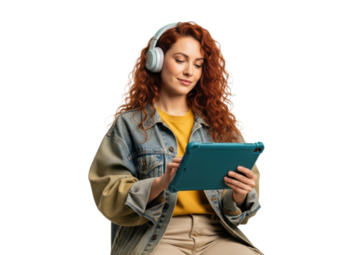Mid-20s woman with vibrant red curls and pastel headphones interacting with a matte teal rugged tablet on a transparent studio background with soft lighting, concept of digital creativity