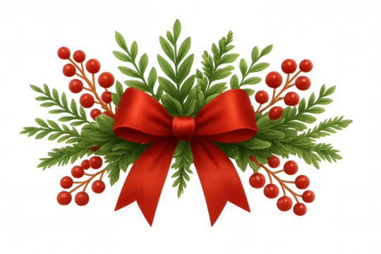 Christmas bow with pine branches and red berries, festive holiday ornament, transparent background