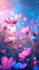 Pink cosmos flowers in magical light