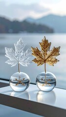 Two sculpted maple leaves, one white, one gold, rest on glass bases with snowflakes.  Ocean backdrop