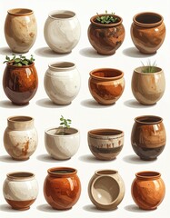 Assorted rustic pottery pots, various colors and textures