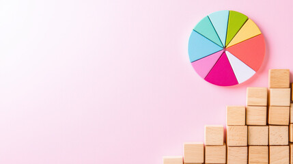Colorful wooden blocks arranged in playful manner beside circular color wheel, creating vibrant and creative atmosphere