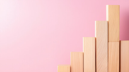 Wooden blocks arranged in creative pattern against pink background, showcasing playful and artistic design
