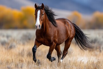 Fototapeta premium Bay horse running free in autumn field