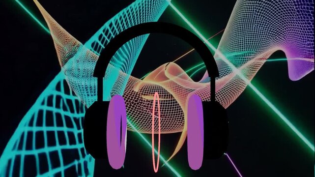 10 seconds seamless looping HD video of black headphones and neon ear muffs spinning in centre of screen with sound animation in middle of heaphones and web disco background mograph screensaver
