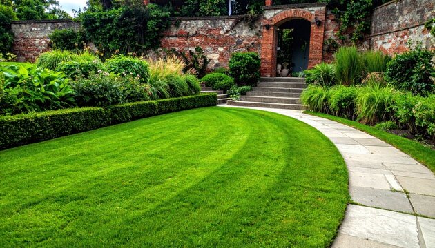 Lush green lawn curves beside stone path to brick archway leading to stone steps and verdant foliage under partly cloudy sky