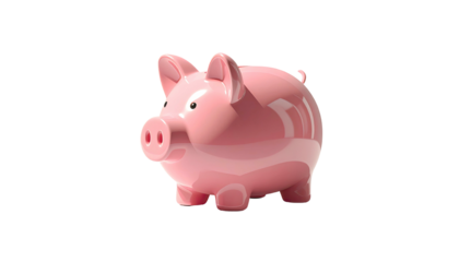 A glossy, pink piggy bank, rendered in 3D, sits on a black background, facing left, showcasing a simplistic design