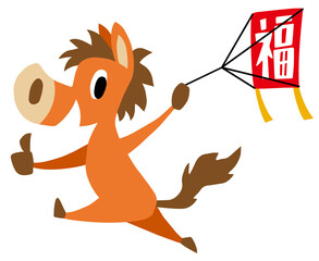 手描きのゆるい午年キャラクター(干支、凧上げ、馬)