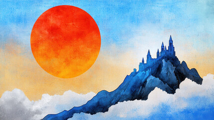 Vibrant illustration featuring large red sun above majestic mountain with castle silhouette. sky transitions from blue to orange, creating serene
