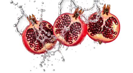 Three Halved Pomegranates Splashing in Water with Seeds Visible fruit arils