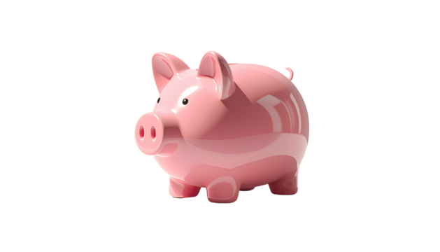 A glossy, pink piggy bank, rendered in 3D, sits on a black background, facing left, showcasing a simplistic design