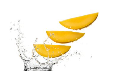 Three Slices of Ripe Mango Falling into Water with Splash fruit tropical