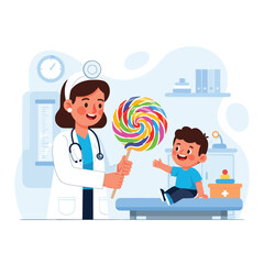 Caring female doctor rewarding a brave young patient with a sweet candy treat in a pediatric hospital room