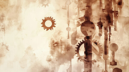 Abstract ink wash painting featuring gears and mechanical elements, evoking sense of innovation and creativity